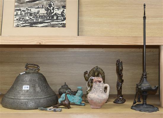 Two brass deities, an Indus Valley? terracotta jug, oil lamps etc